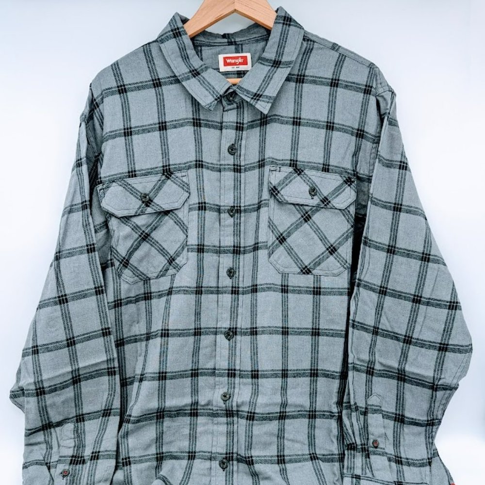 Wrangler Mens 2XL Gray Relaxed Fit Flannel Plaid Long Sleeve Shirt New With Tags